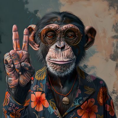 Hippie Schimpanse mit Peace-Zeichen und Hawaiihemd (KI-Kunst)